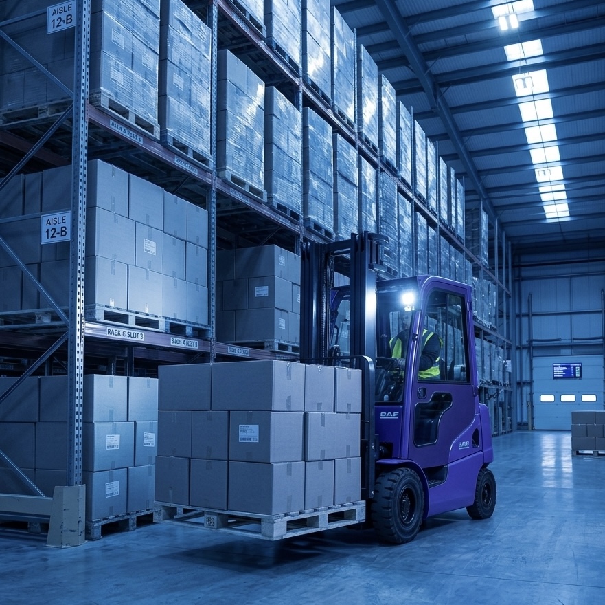 Forklift operator in warehouse